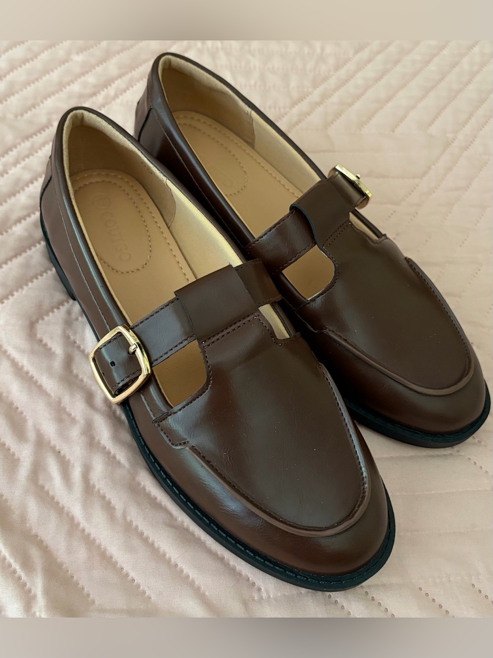 Coutgo Womens Slip On Loafers T-Strap Closed Round Toe